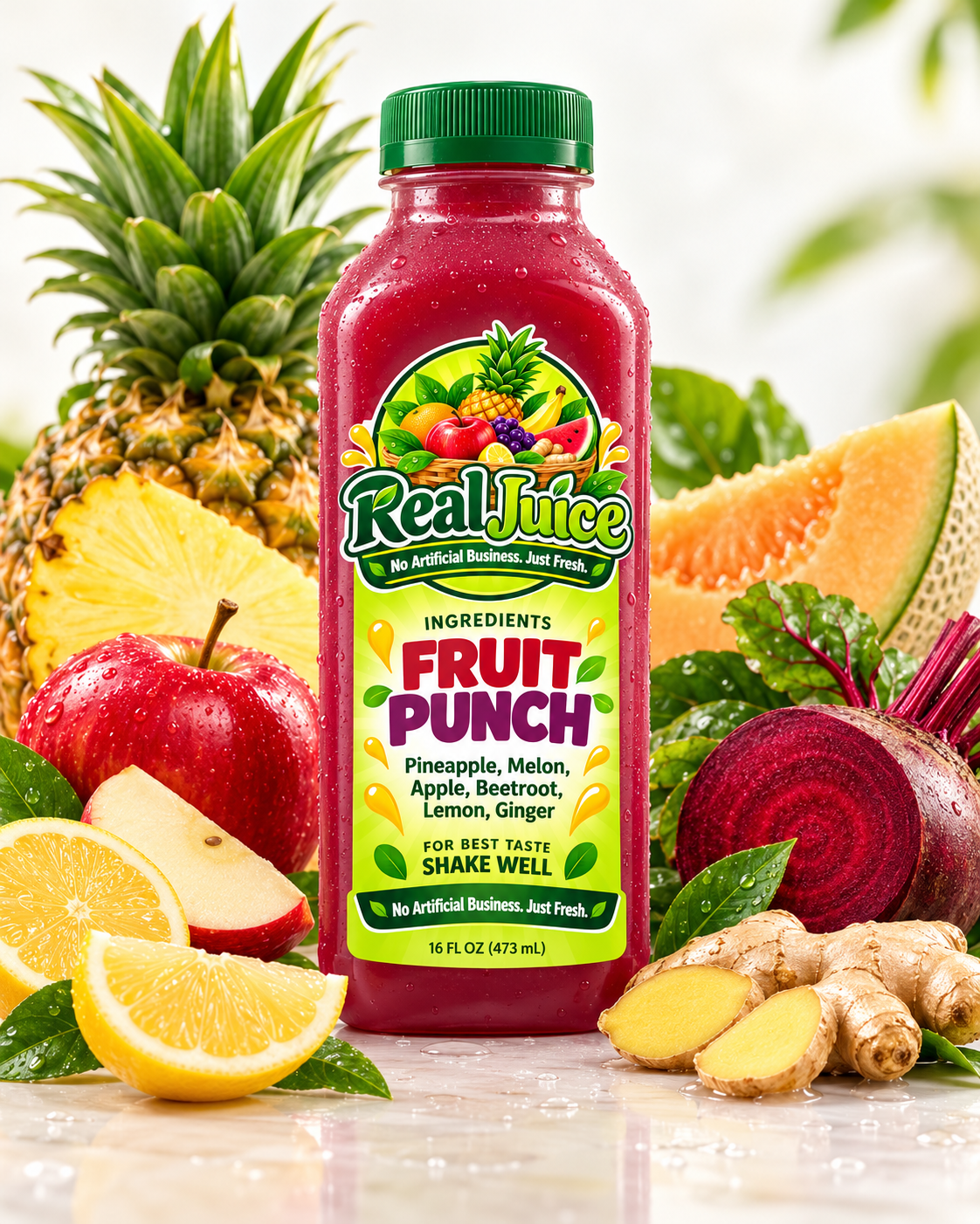 Real Juice Fruit Punch, surrounded by fresh pineapple, apple, beetroot, lemon and ginger